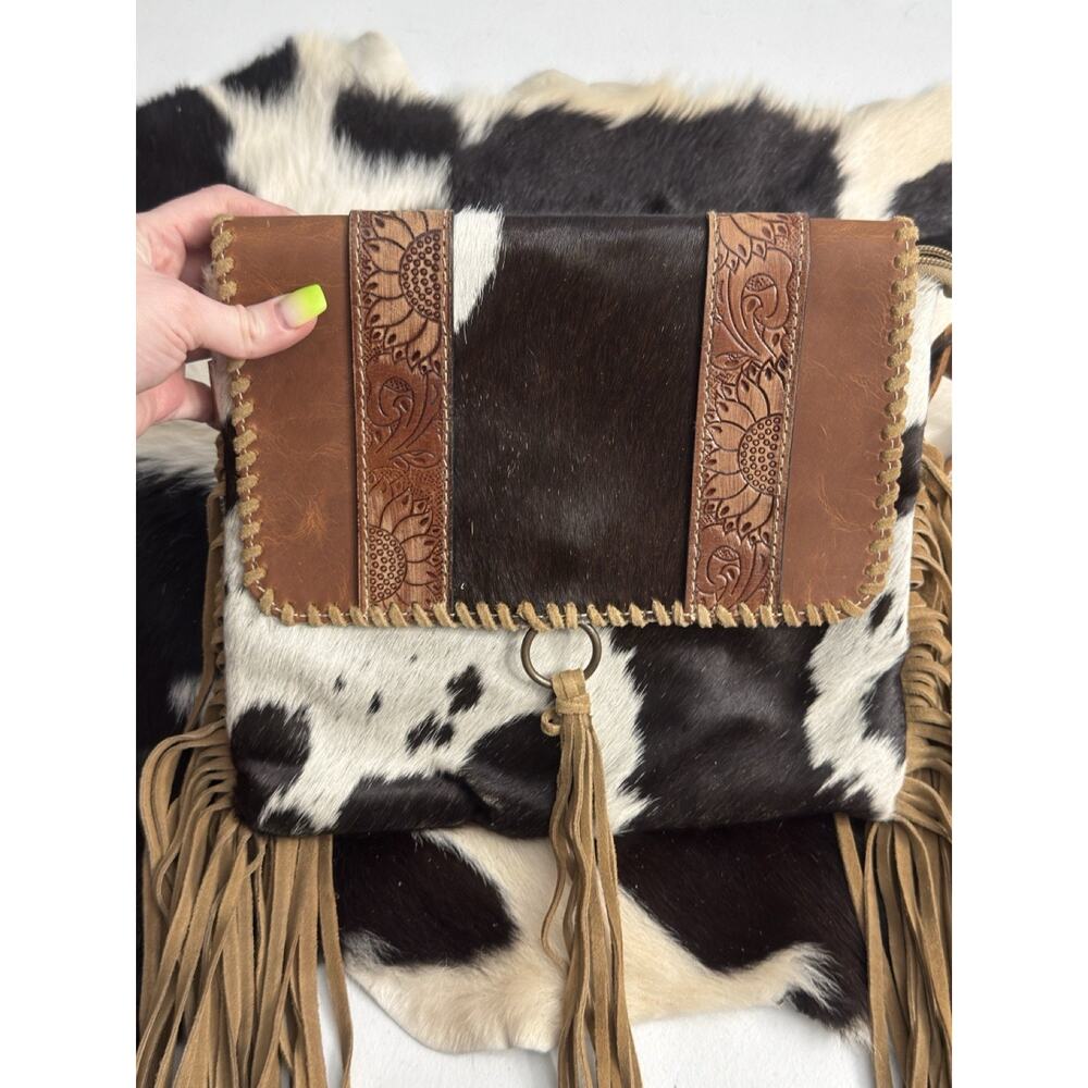 Myra Cow Hide Brown Tool Leather Sunflower Crossbody Shoulder Handbag Pocketbook